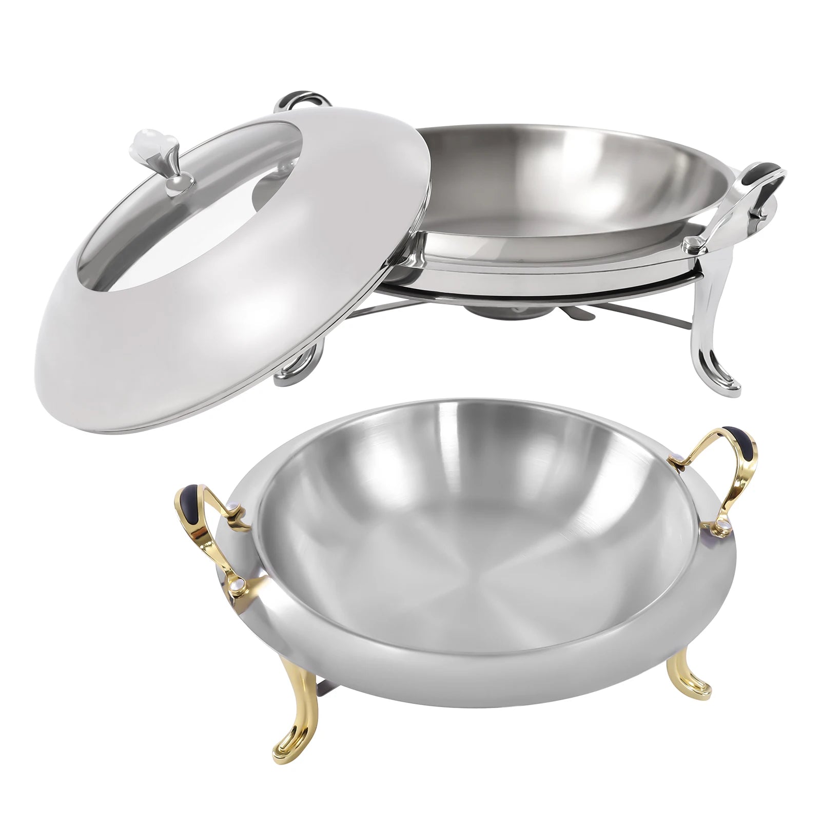 Chafing Dish Stainless Steel Round Durable Buffet Warmer  with Lid and Chafing Fuel Holder for Kitchen Party Dining