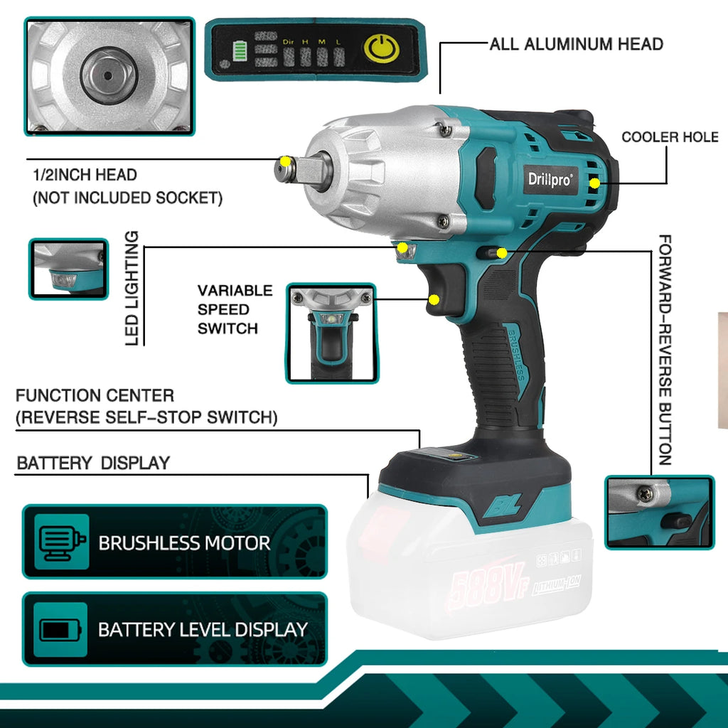 2000N.M High Torque Brushless Electric Impact Wrench Cordless 1/2" Wrench Drill Car Repair Power Tool For Makita 18V Battery
