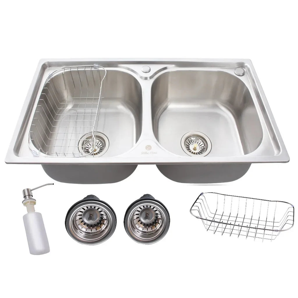 KIT CUBA DOUBLE GOURMET STAINLESS STEEL WITH ACCESSORIES 78X43CM + GOURMET TAP ELEGANT AND FUNCTIONAL MONOCOMMAND