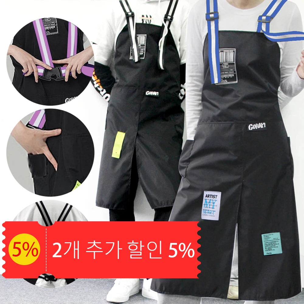 New Trendy Aprons Waterproof Oil Resistant 2 Bags Bibs Coffee Shop Hairdresser Slit Overall Chef Adjustable Nail Salon Apron