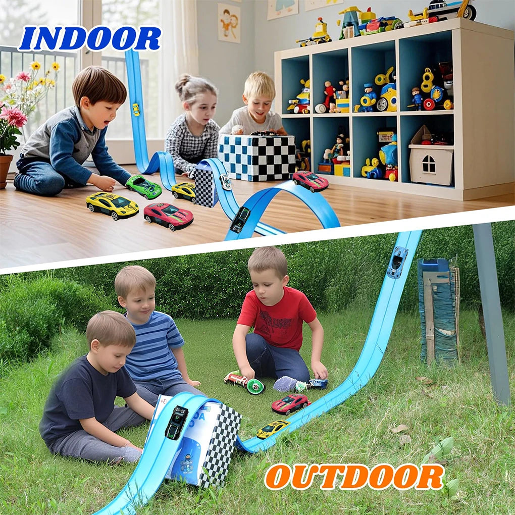 Double-track Race Children Toys DIY Track Racing Car Ramp Compatible 1/64th Cars Portable Rolls Up With suction cup track