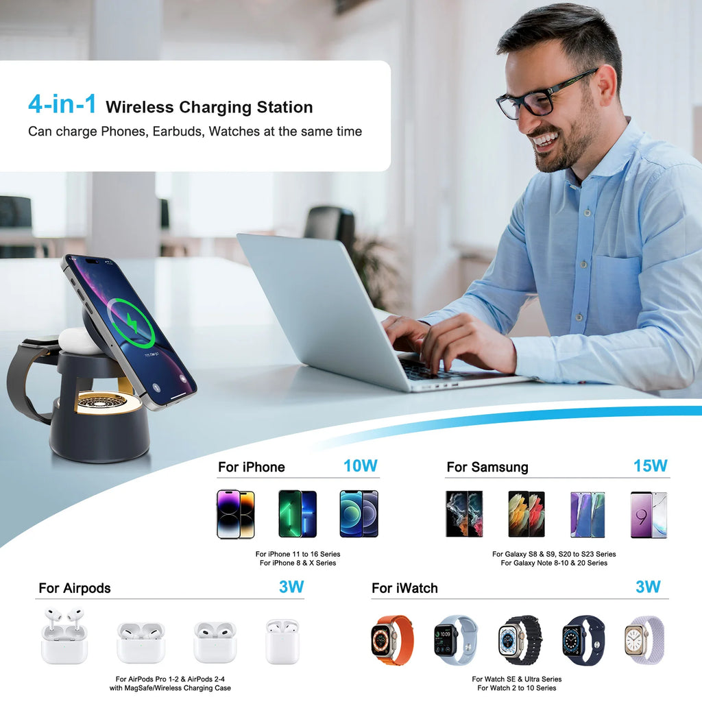 4-in-1 Magnetic Wireless Charging Station - 15W Fast Charger with Foldable Night Light for iPhone, Apple Watch & AirPods | AlluCanFind