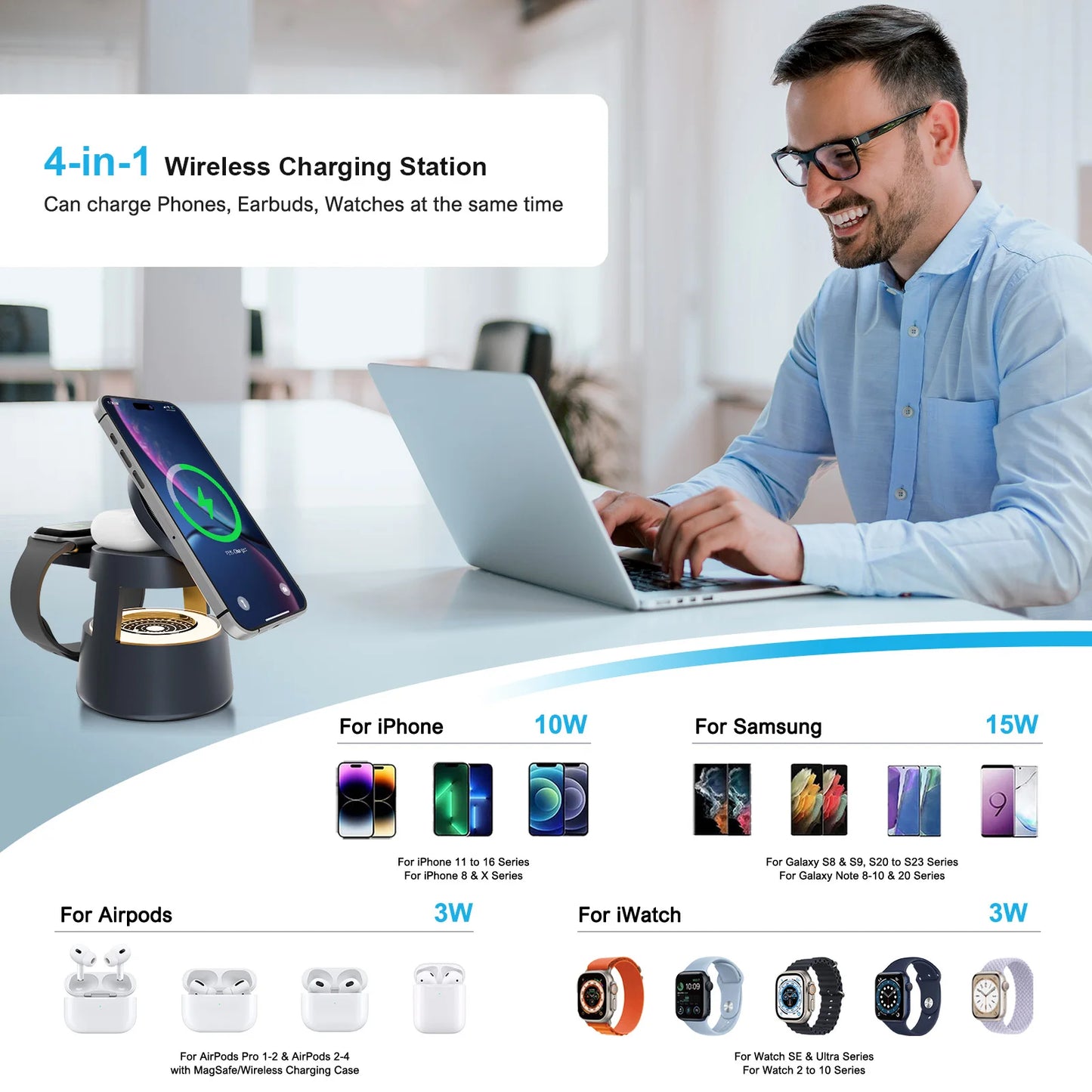 4-in-1 Magnetic Wireless Charging Station - 15W Fast Charger with Foldable Night Light for iPhone, Apple Watch & AirPods | AlluCanFind