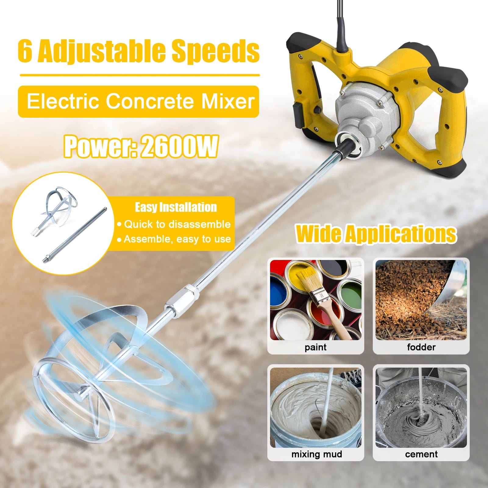 2600W Electric Concrete Mixer Portable Handheld Concrete Cement Mixer 6 Speeds Adjustable Mixing Machine Thinset Mortar Grout