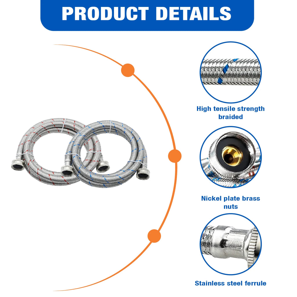 KING SMART 4 FT Washing Machine Hose; Premium Stainless Steel Braided; Burst Proof for Hot and Cold Water Supply Lines; 81020