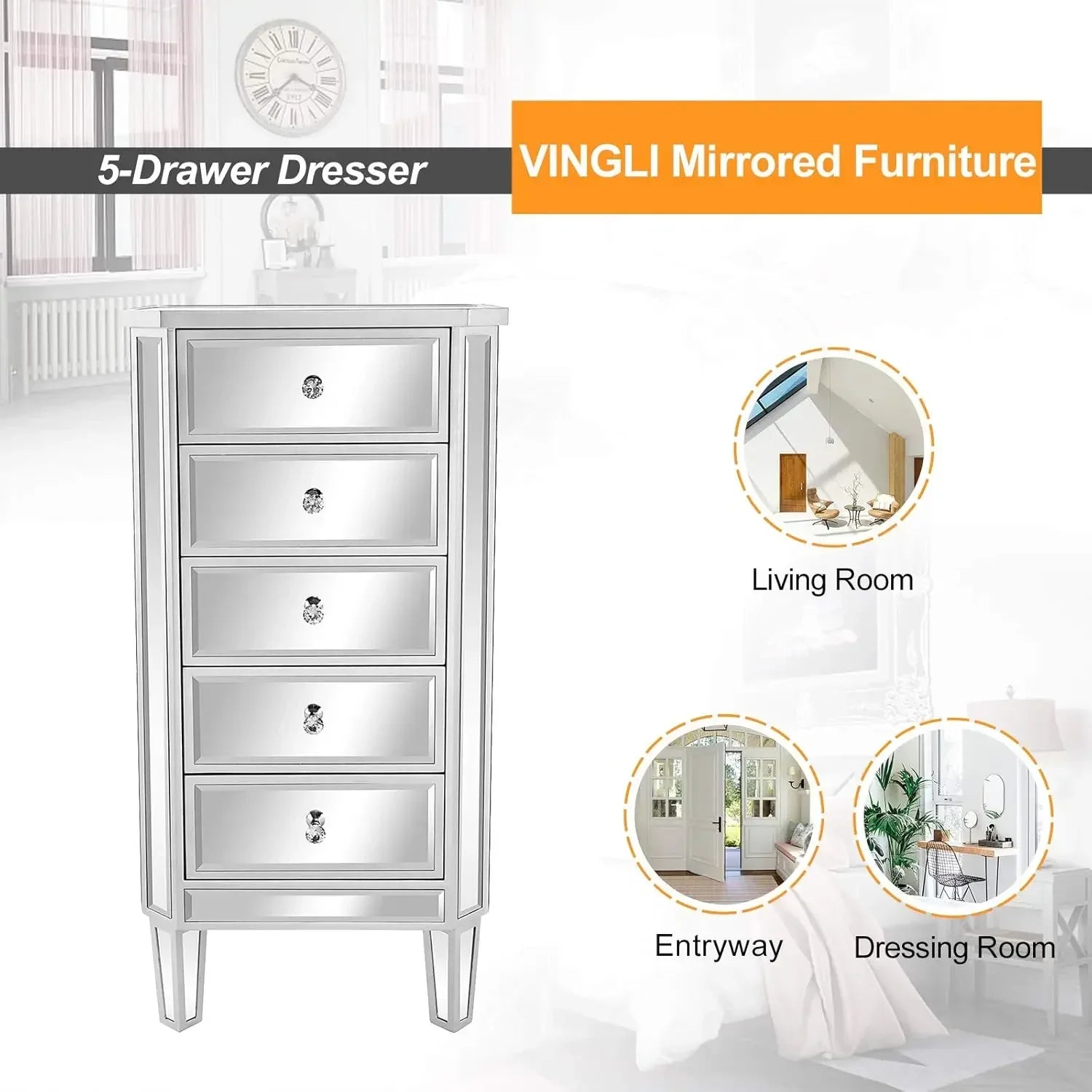 Mirrored Dresser 5 Drawers Modern Chest, Mirrored Chest of Drawers, Glass Dresser for Bedroom, Dressing Room, Living Room,Silver