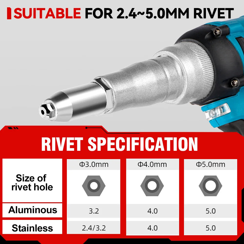 20000N Brushless Electric Rivet Gun 720W 2.4-5.0mm Cordless Rivet Nut Gun Drill Insert Auto Riveting Tool For Makita Battery Pin