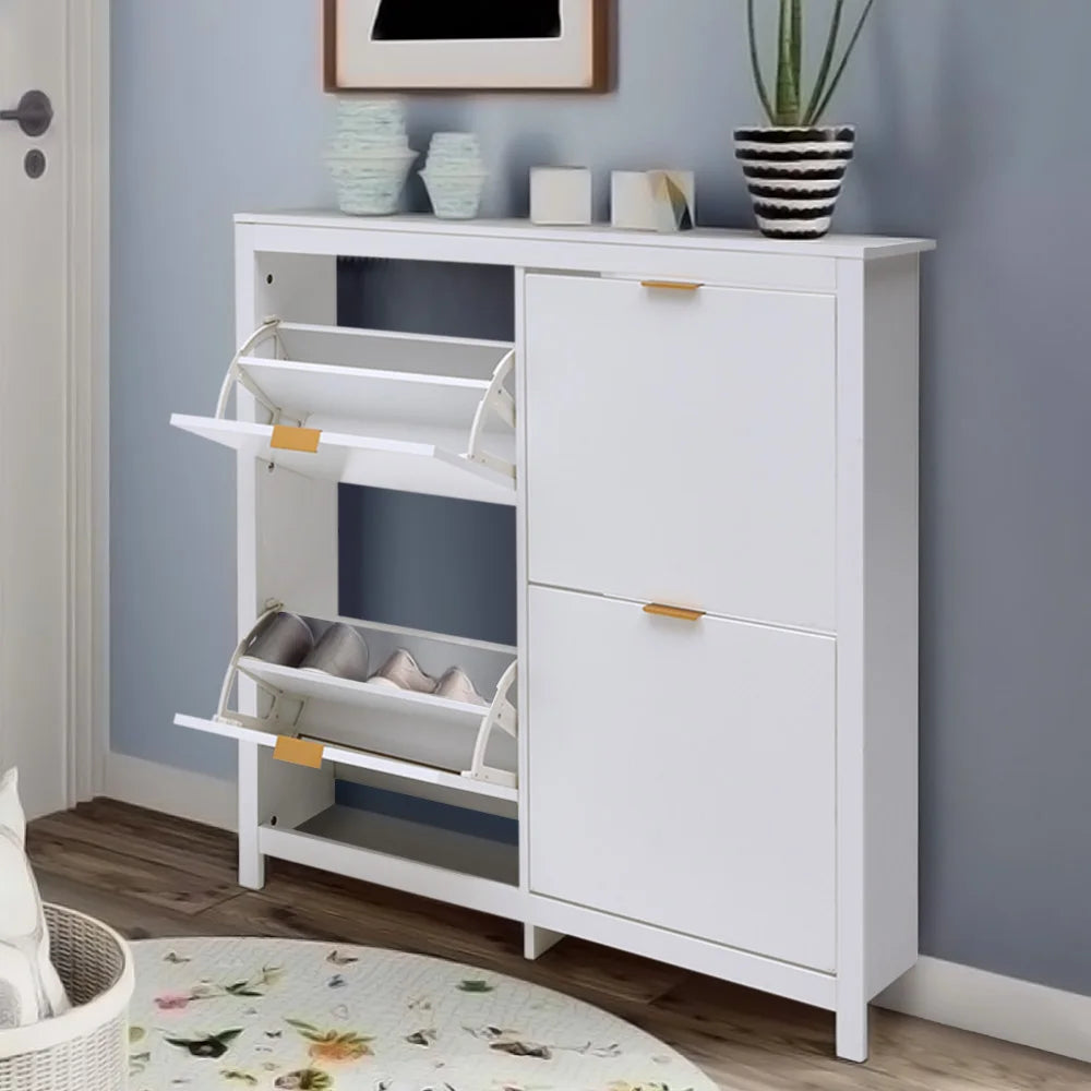 Haodirect white 4 compartment flip entrance narrow shoe cabinet, wooden shoe rack,102cm W x 24cm D x 103cm H