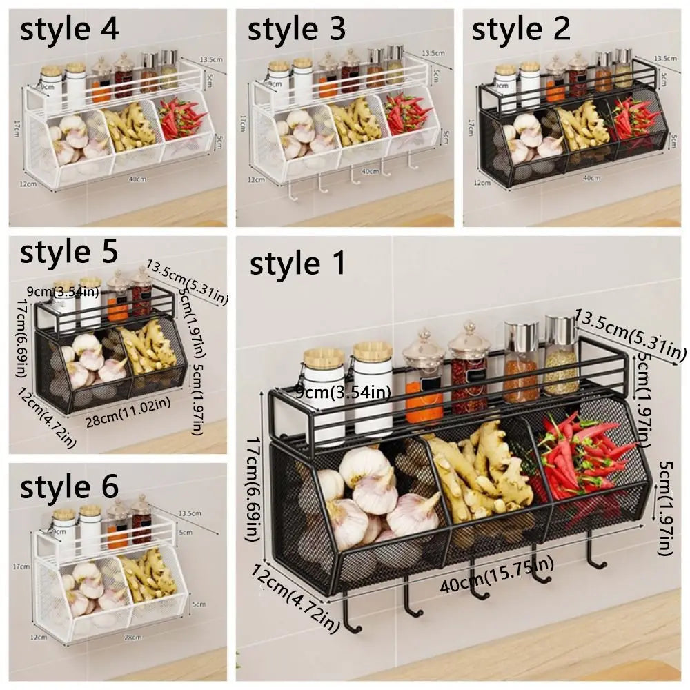Wall Mounted Kitchen Storage Basket Carbon Steel Grid Vegetable Drainage Basket Punch-Free Spice Storage Shelf Kitchen Storage