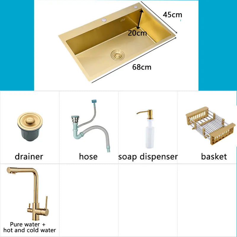 Gold Kitchen Sink Above Counter 304 Stainless Steel Single Bowl Goldn Basket Drainer Soap Dispenser Washing Basin