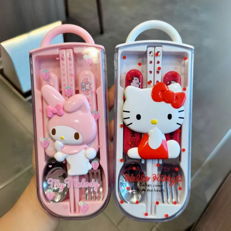 Kitty Melody Kids Picnic Set Tableware Washable Cutlery Kit Case Portable Pouch Dinner Household Tool Travel Camping Spoon, Fork