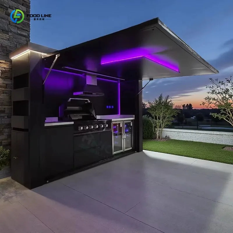 Customized outdoor kitchen cabinet and pergola all-weather kitchen island with built-in grill sink and backyard storage