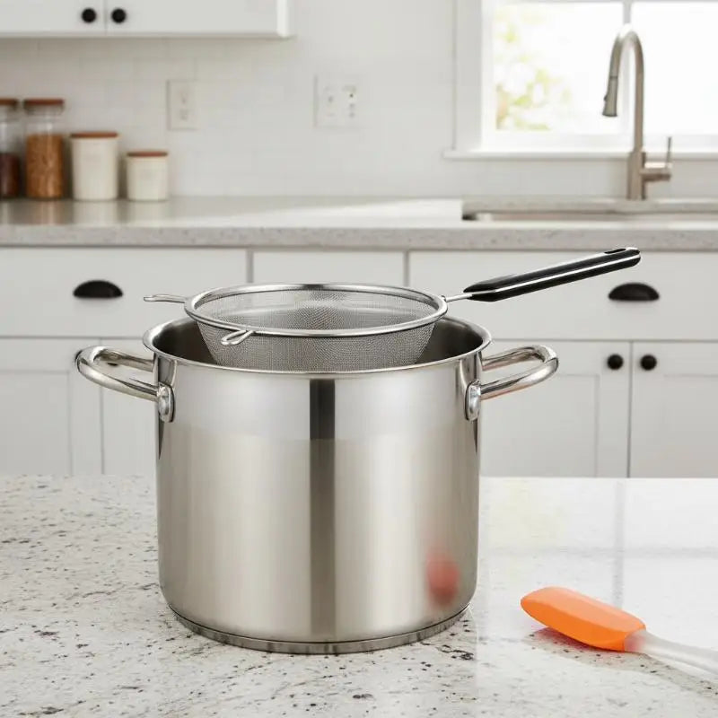 Ergonomic Kitchen Strainer with Non-Slip Handle & Hook Dishwasher Safe for Christmas Recipe Making Pasta Draining