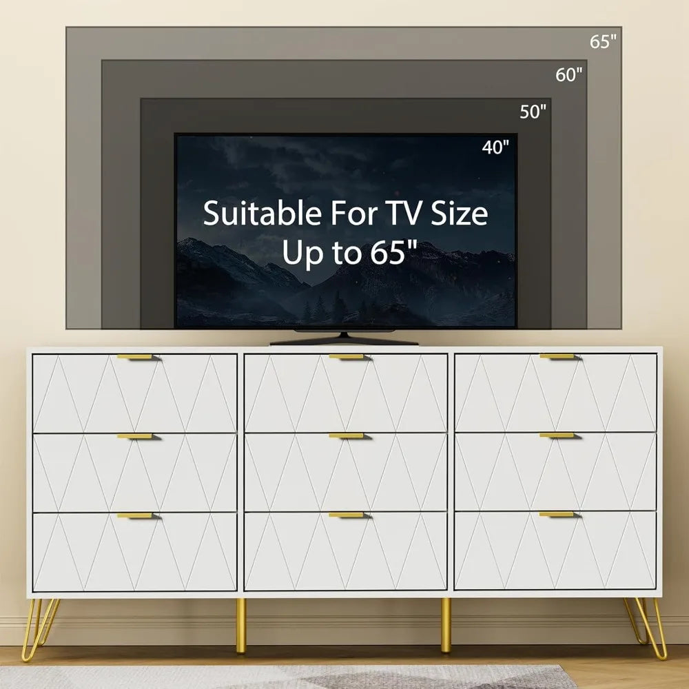 White 9 Drawer Dresser for Bedroom with Deep Drawers, Wood Dressers & Chest of Drawers with Gold Handles, Modern Long Dressers