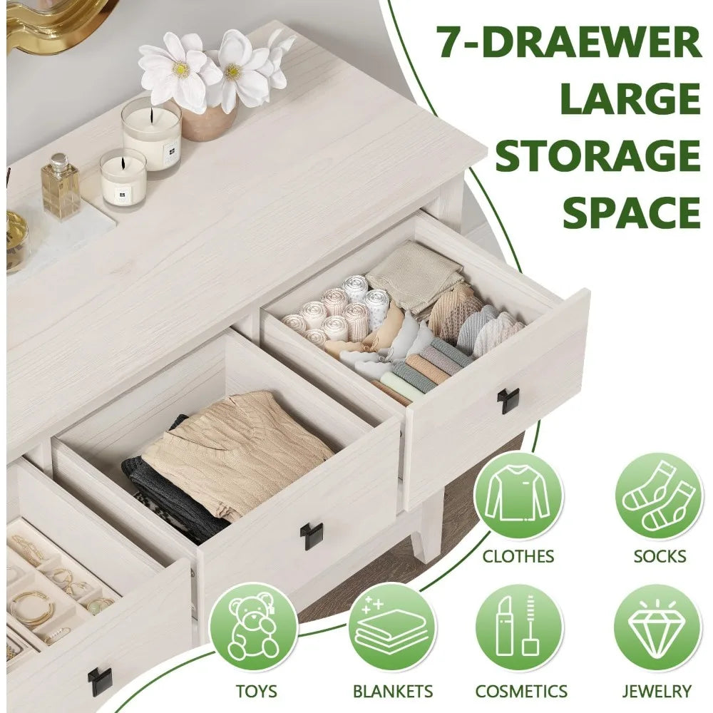 7 Drawer Dresser - Wooden Bedroom Dressers, Storage Drawers Cabinet for Bedroom, Living Room, Farmhouse Chest of Drawers, White