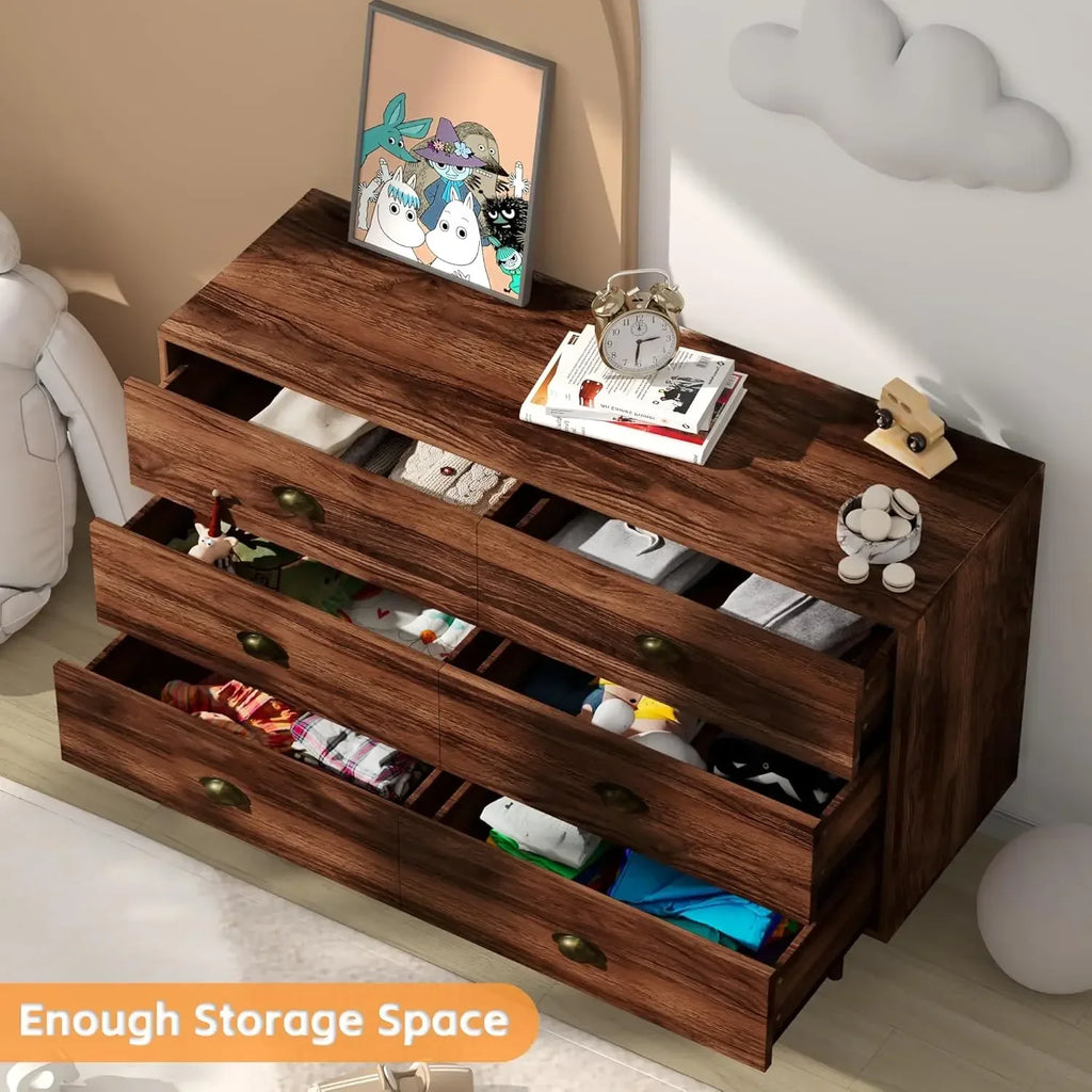 Dresser for Bedroom with 6 Drawers, Mid Century Modern Dresser with Gold Handles, Wooden Dressers & Chest of Drawers Organizer