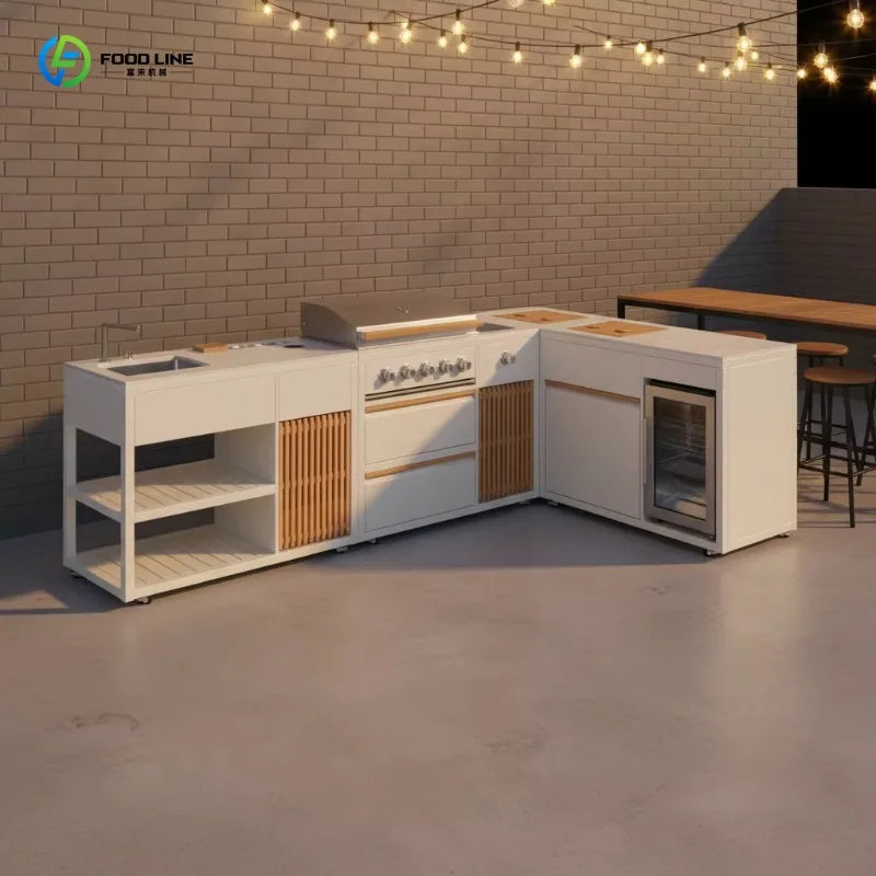 Custom Modular Outdoor Kitchen Cabinet With Large Pizza Oven, Gas Grill, Refrigerator And Sink For Garden Use