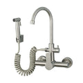 Brushed Nickel Wall Kitchen Sink Faucet with Bidet Sprayer Shower Head Stainless Steel Swivel Dual Hole Cold Hot Water Mixer Tap