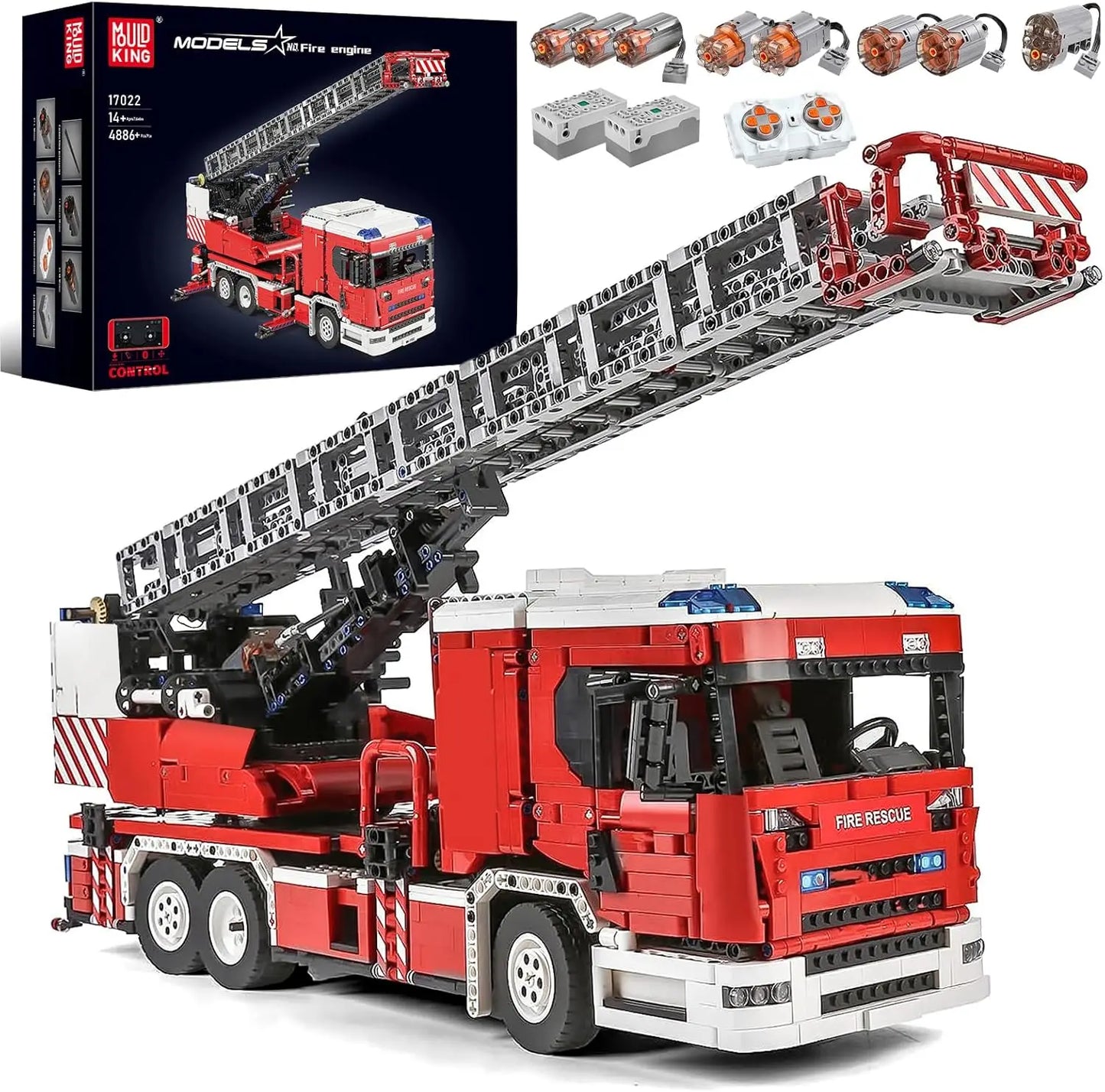 MOULD KING 17022 Technical Fire Engine Truck Remote Controlled Building Blocks Toys Set with Turntable Ladder