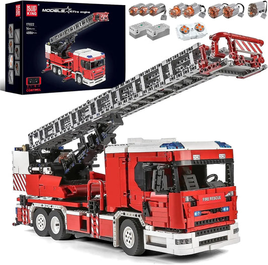MOULD KING 17022 Technical Fire Engine Truck Remote Controlled Building Blocks Toys Set with Turntable Ladder