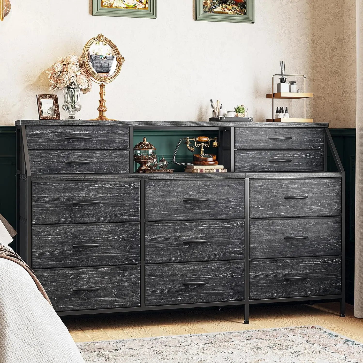 55" W White Dresser for Bedroom, Dressers & Chests of Drawers with 13 Fabric Drawers and 2 Open Shelves, White Dresser