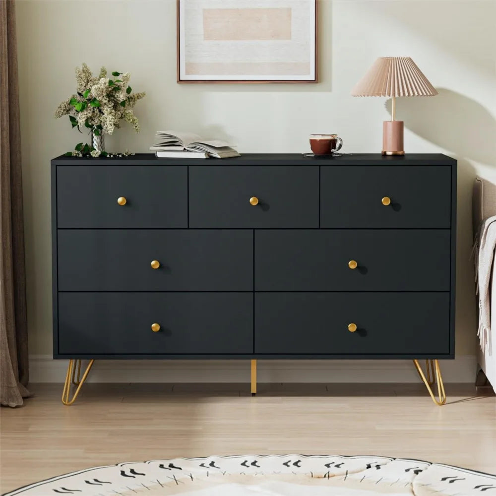 Black Dresser for Bedroom, Modern 7 Drawer Dresser with Gold Handles and Metal Legs, Black and Gold Dressers & Chest of Drawers