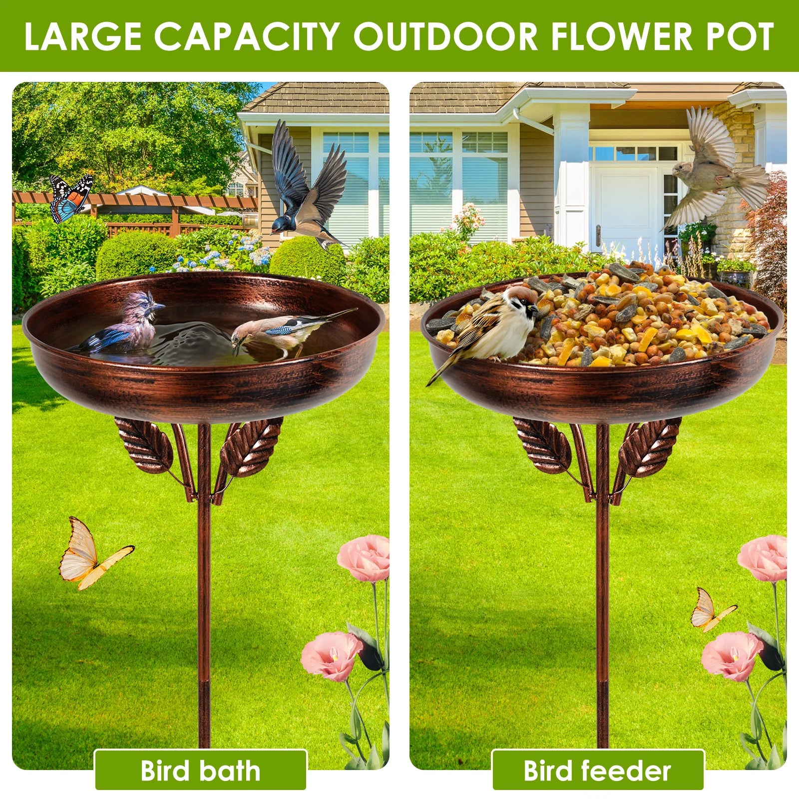 Bird Bath Feeder Bowl Metal Garden Birdbath with 5 Prong Stakes Outdoor Standing Bird Bath Bowls for Patio Outside Yard Decor