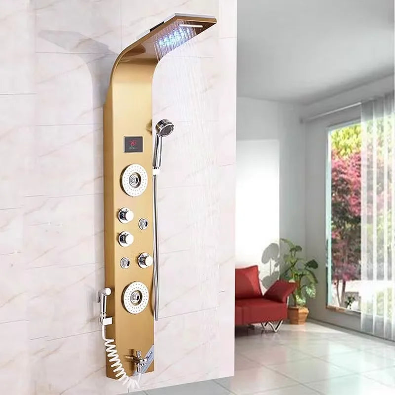 Gold Shower Panel LED Light Bathroom Six Functions Shower Column Tower Digital Screen Waterfall Shower Massage Spa Jets Tub