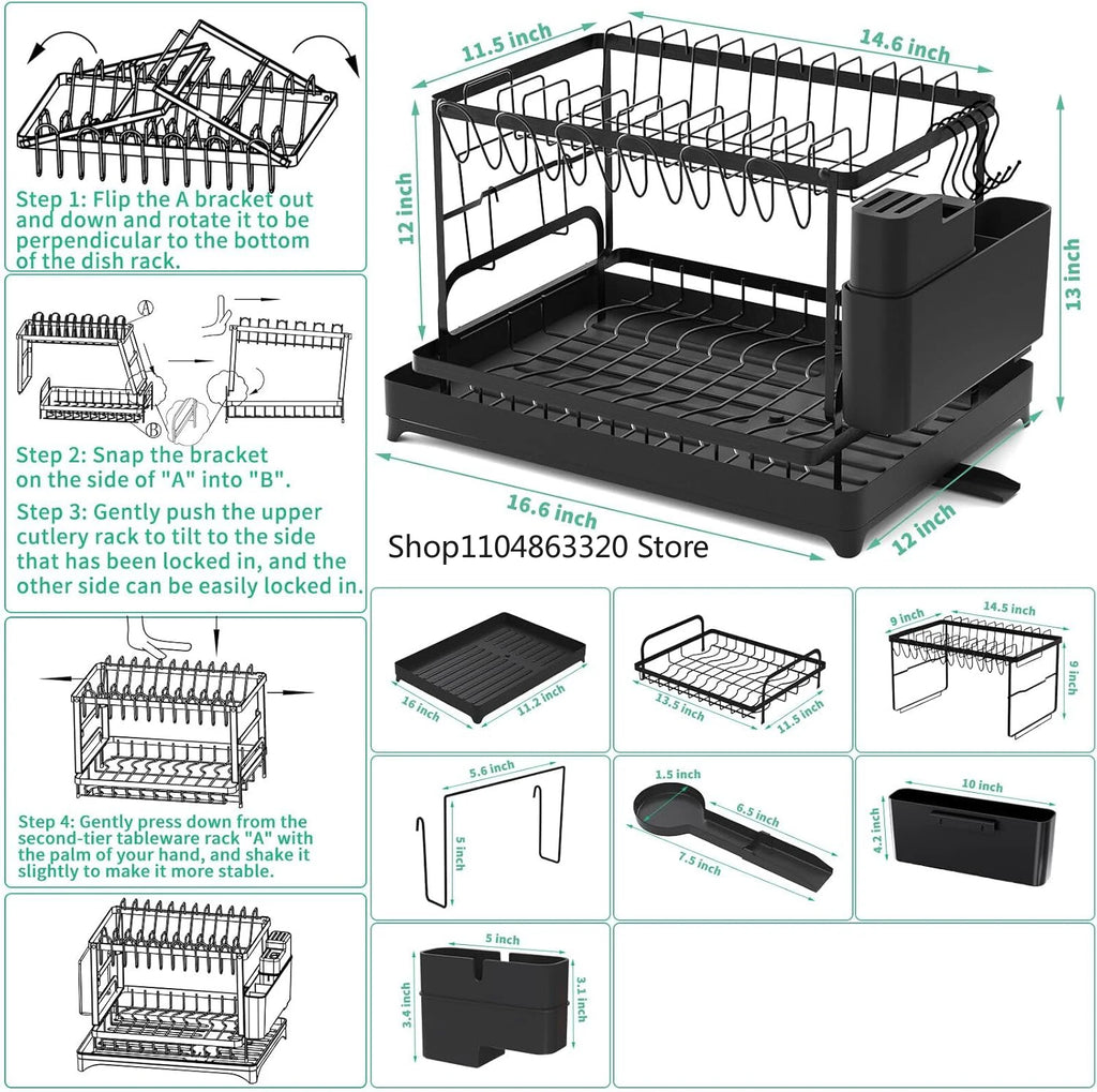 Kitchen countertop 2-tier dish drying rack, kitchen countertop dish drainer with drip tray, metal kitchen dish rack with drip tr