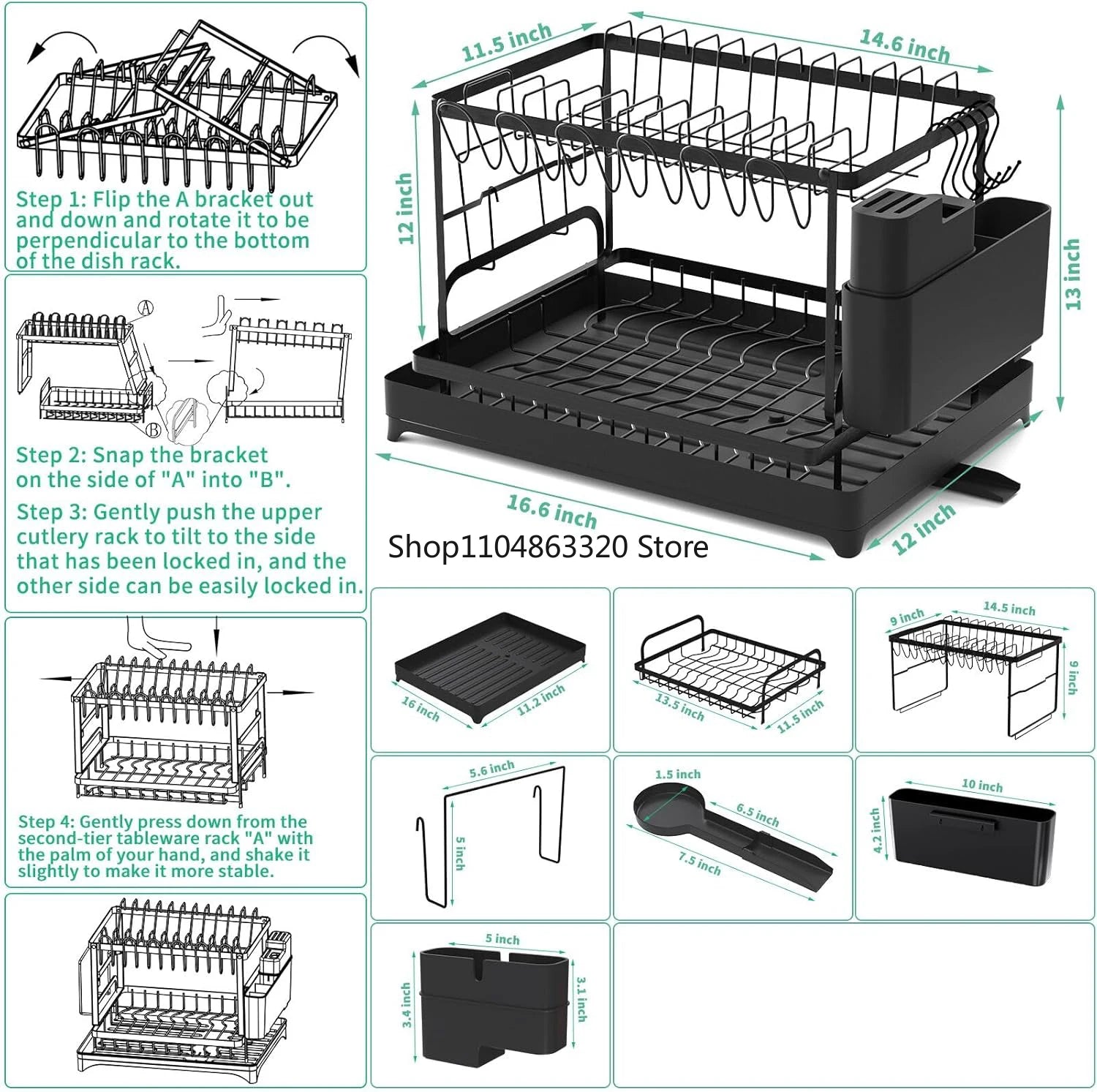 Kitchen countertop 2-tier dish drying rack, kitchen countertop dish drainer with drip tray, metal kitchen dish rack with drip tr