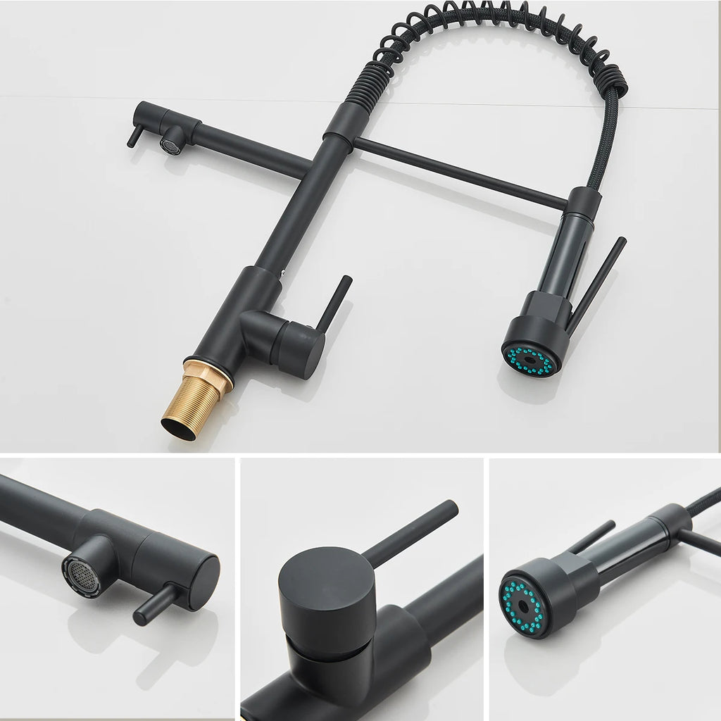 Black Pull Down Kitchen Faucet Dual Spout 360° Rotation Hot Cold Water Mixer Tap Single Handle Deck Mounted Kitchen Sink Crane