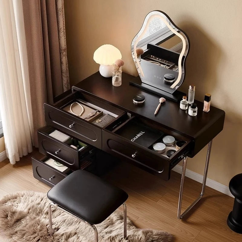 French Retro Dresser Chest Bedroom Internet Celebrity Makeup Table Vanity Desk With Light Mirror With Seat Dressing Table Black