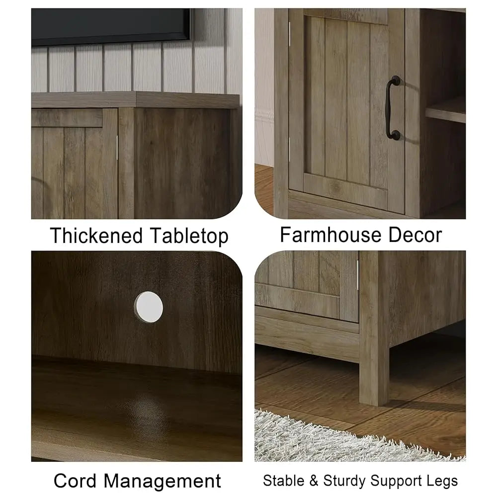 Farmhouse Tv Stand, Wood Grooved Door Entertainment Center With Storage Cabinets And Open Shelves, Rustic Media Console Up To