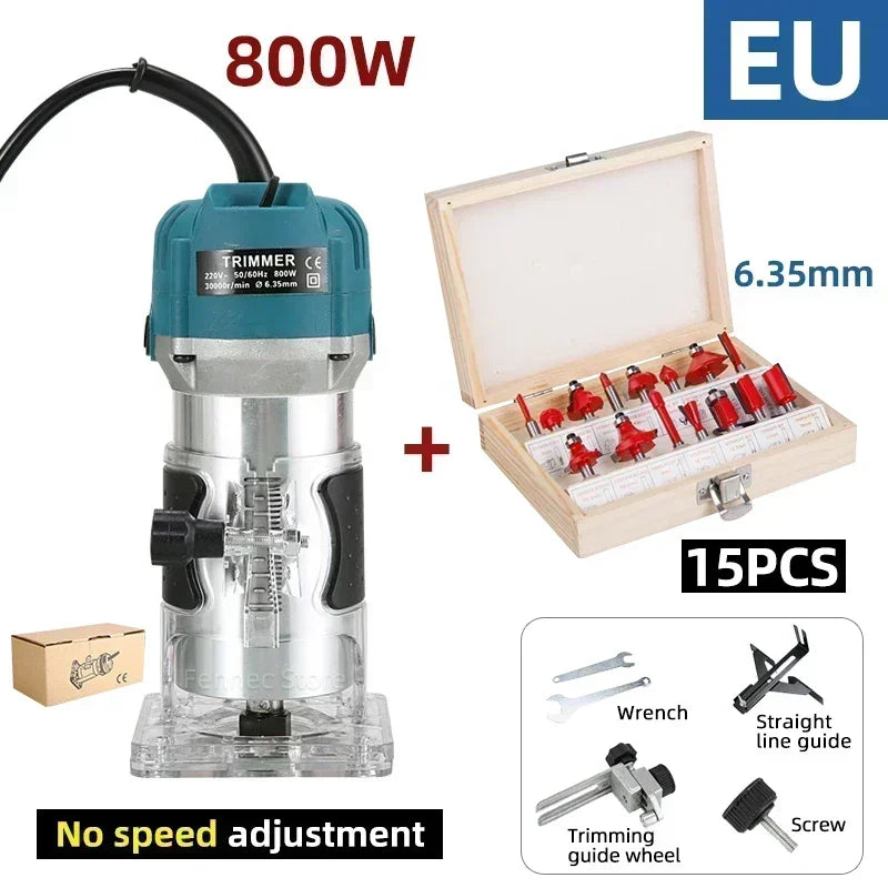 Electric Trimmer Router Woodworking Milling Engraving Slotting Trimming Machine Wood Trimmer Router Tool with 15 PCS Router Bits