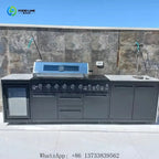 Customized Villa Outdoor Kitchen Factory Direct Stainless Steel 6 Burner Gas Grill Party BBQ Powder Coated Sink Refrigerator