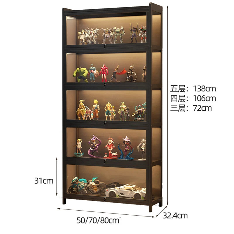 Display Cabinet Acrylic Curio Cabinet with Lock Glass Display Cabinet Natural Bamboo  Glass Cabinet Easy to Install，With Lights