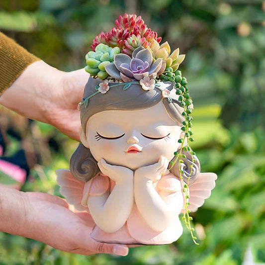 7 inch Cute Angel Girl Face Planter Pot with Drainage Hole, Resin Fairy Tale Planter Ornamental Statues for Home Office Decor