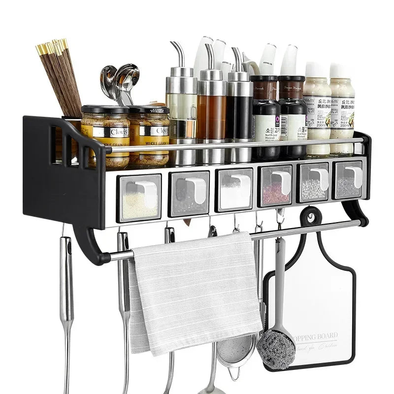Stainless Steel Kitchen Utensils Holder, Wall-Mounted Spice Rack, Moisture-Proof Storage Shelves, Multiple Grid Partitions