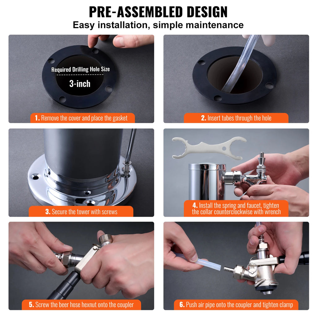 VEVOR Kegerator Tower Kit Single Tap Beer Conversion Kit Stainless Steel Keg Beer Tower Dispenser Dual Gauge W21.8 Regulator