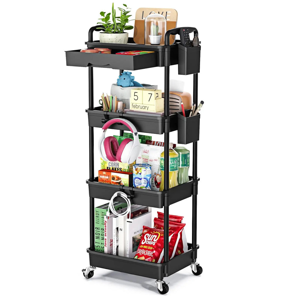 4 Tier Rolling Utility Cart with Drawer,With Drawer & Extended Poles,With Plastic Shelf & Lockable Wheels,Smooth Mobility