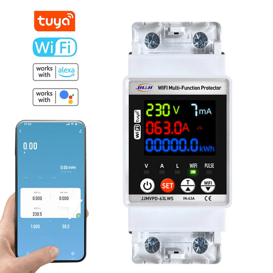 Tuya WiFi 63A Smart Energy Meter Multifunction Automatic Reclosing Protector Circuit Breaker Overvoltage Overcurrent Protection