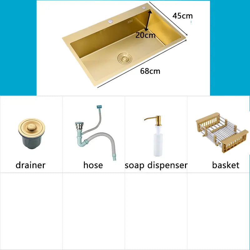 Gold Kitchen Sink Above Counter 304 Stainless Steel Single Bowl Goldn Basket Drainer Soap Dispenser Washing Basin
