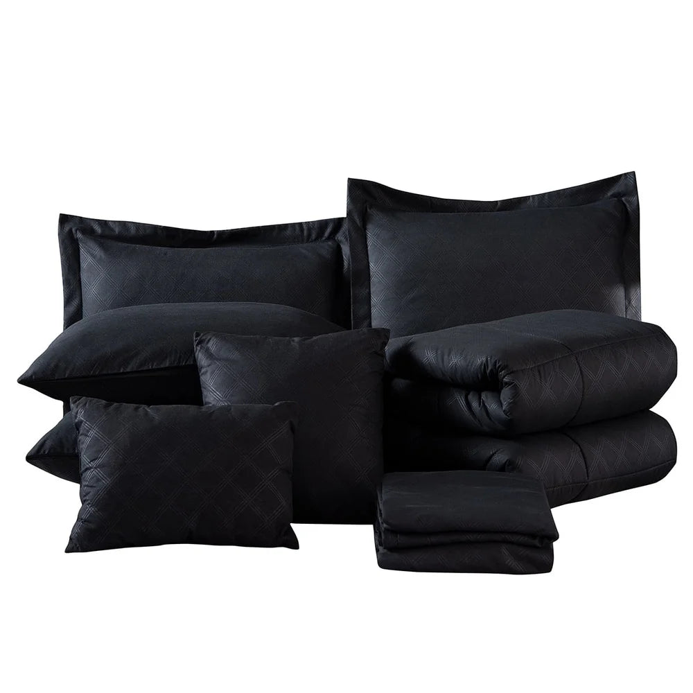 10 Piece Queen Size Bed in a Bag Comforter Set Soft Microfiber Bedding Set Elegant Plaid Pattern Decorative Pillows All Season