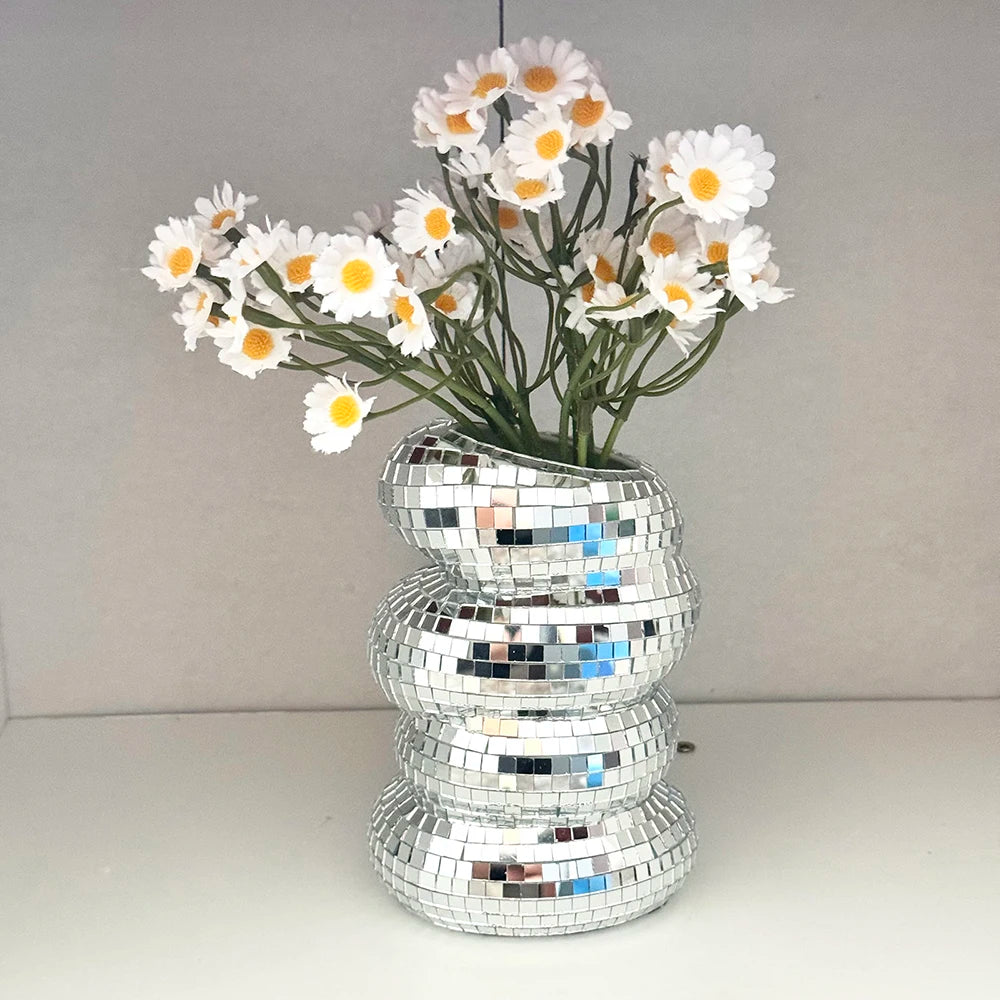 Disco Ball Spiral Vase Unique Glass Tiles Flower Bottle Disco Ball Planter Silver Mirror Vase Home Living Room Office Decor