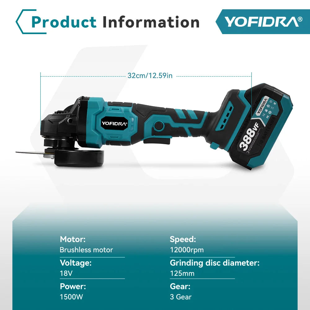 YOFIDRA 125mm Brushless Angle Grinder 3 Gears M14 Cordless Electric Impact Grinding Power Tool For Makita 18V Battery Pin