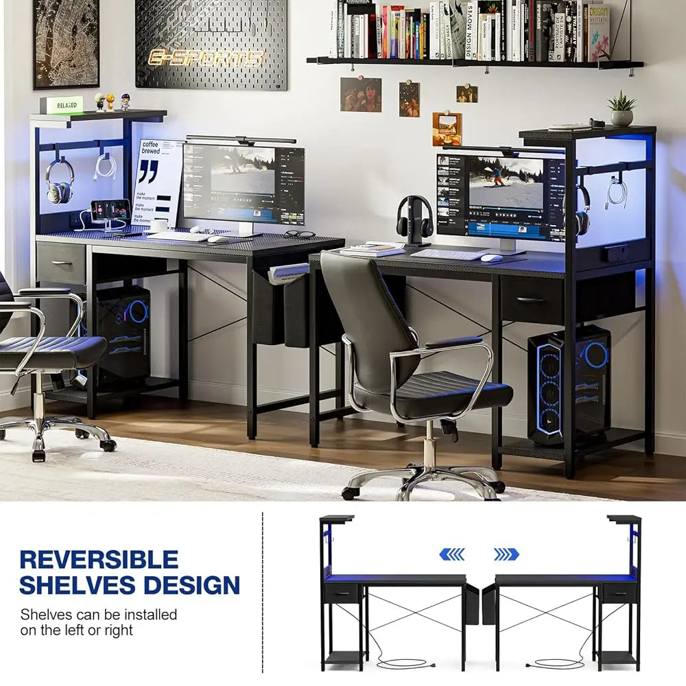 Gaming Desk 40 H With Power Outlet And Led Light, Computer Desk With Reversible Shelves And Storage Drawer, Pc Small Desk For