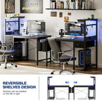 Gaming Desk 40 H With Power Outlet And Led Light, Computer Desk With Reversible Shelves And Storage Drawer, Pc Small Desk For