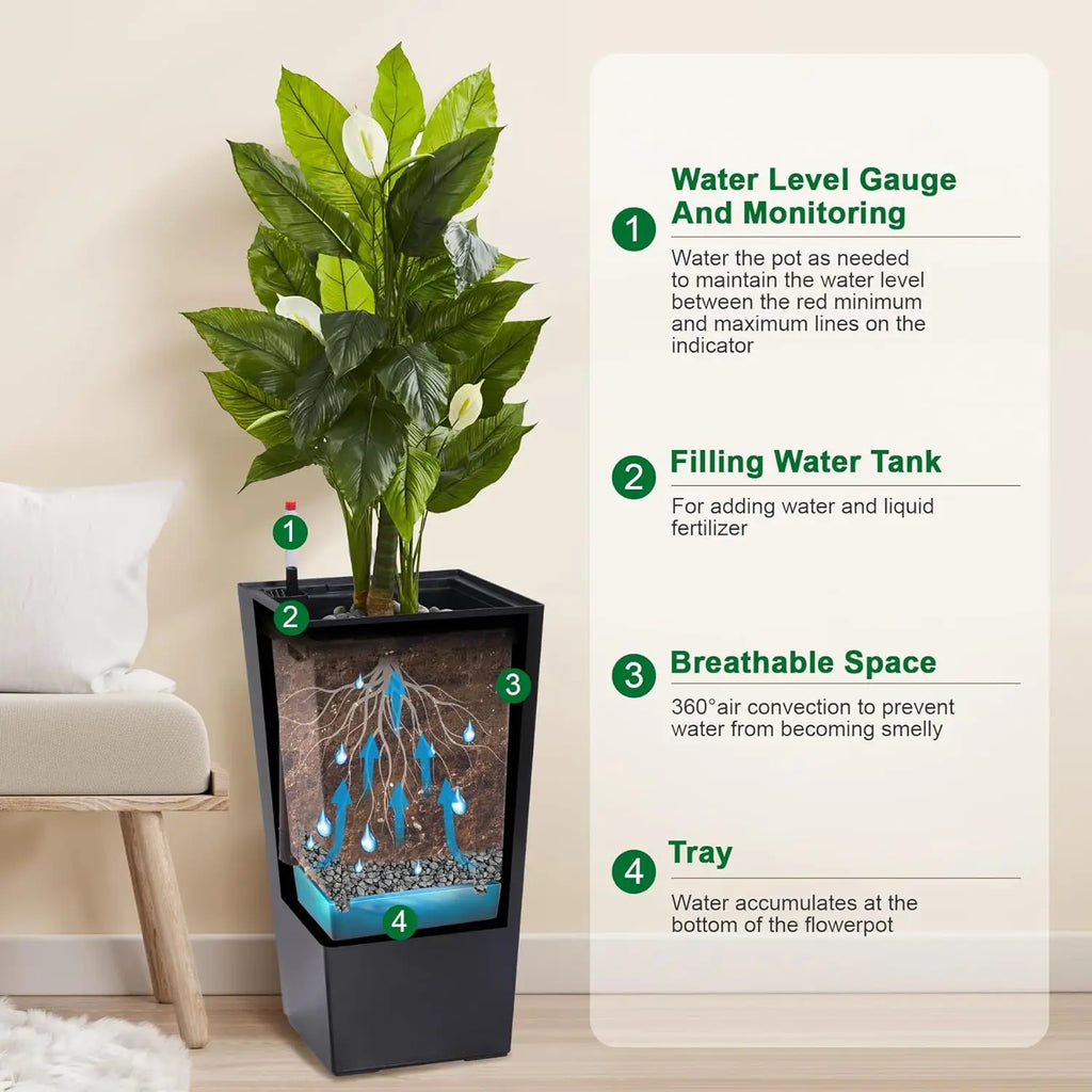 2 PCS 22.4 Inch Tall Planter Indoor ＆ Outdoor Black Taper Planter with Shelf Insert Self-Absorbing Plastic Flower Pots