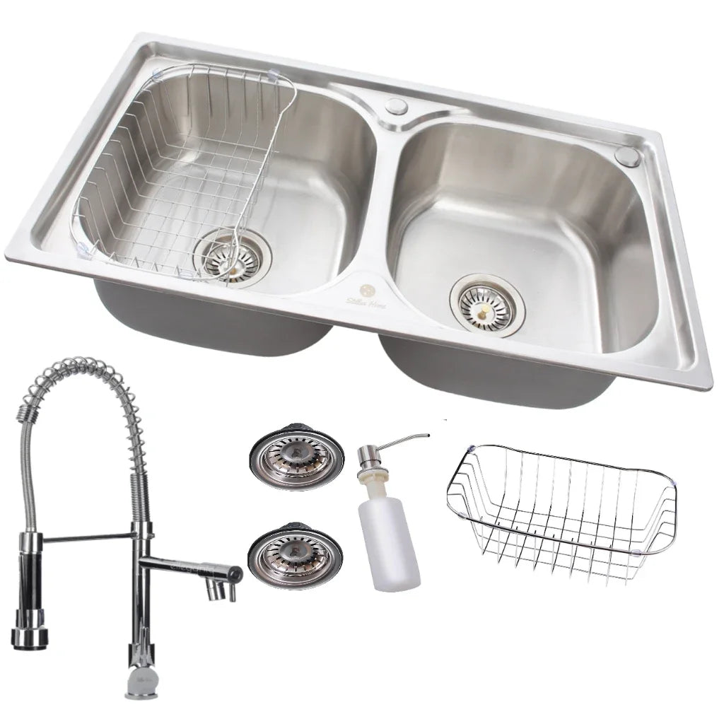 KIT CUBA DOUBLE GOURMET STAINLESS STEEL WITH ACCESSORIES 78X43CM + GOURMET TAP ELEGANT AND FUNCTIONAL MONOCOMMAND