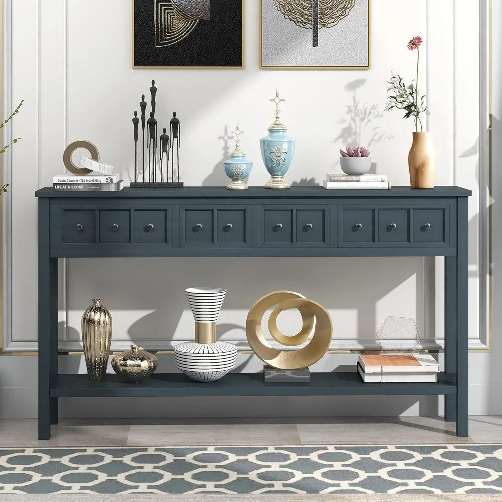 Merax Long Farmhouse Entryway Table with Storage Drawers and Bottom Shelf, Sofa Console Table for Living Room Hallway, Navy Blue